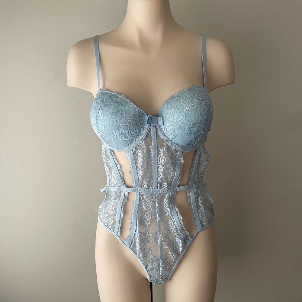 Body Rage Lace Teddy Bodysuit Sexy Gstring Lingerie One Piece Baby Blue XL